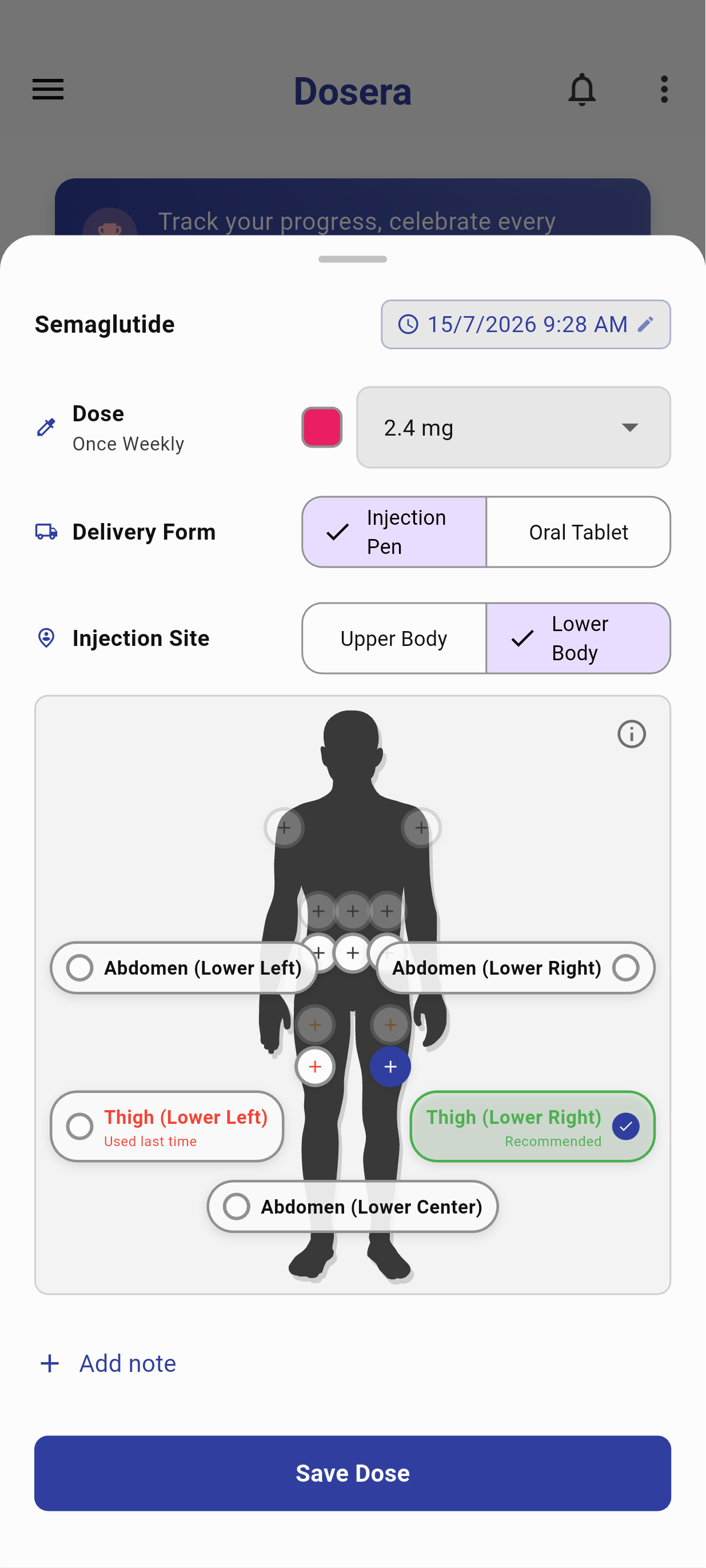 Interactive body map recommending the next injection site