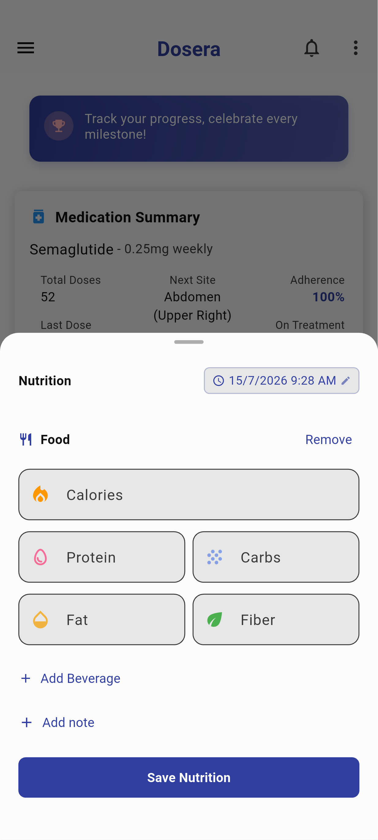 Nutrition entry screen with quick goal tracking