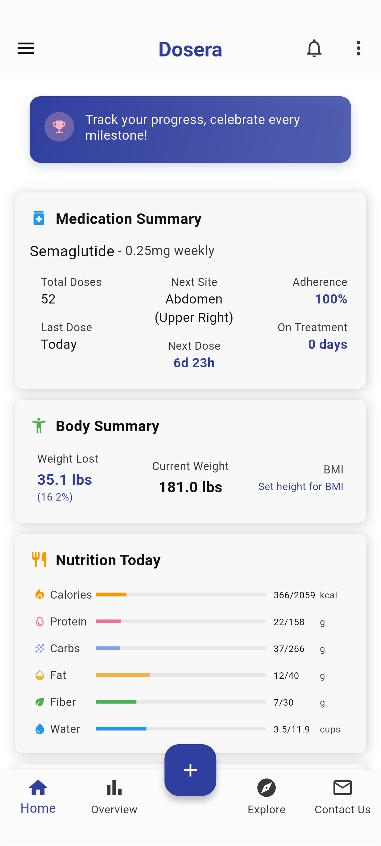 Dosera dashboard showing medication, weight, and nutrition summaries