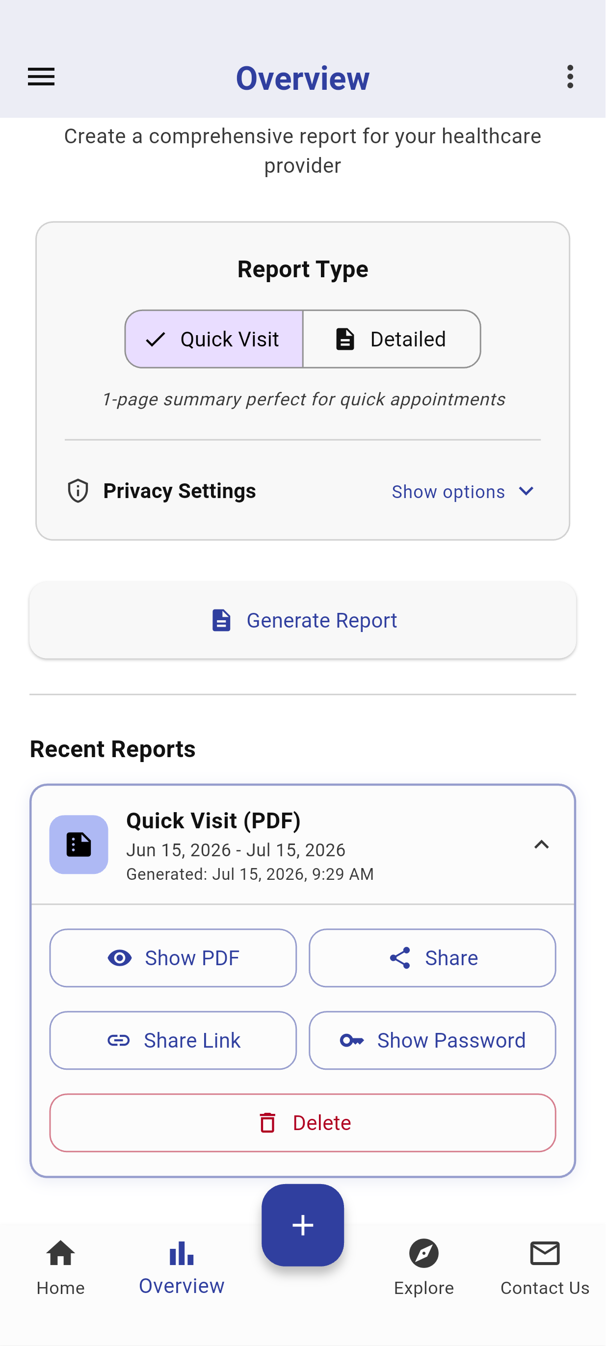 Report generation screen with Quick Visit PDF and sharing options